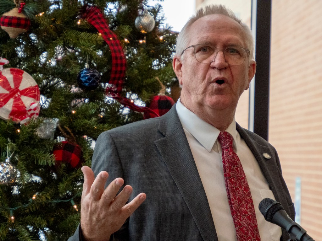 Sen. John Doll, R-Garden City, speaks about Medicaid expansion during a news conference Thursday at Holton Community Hospital.