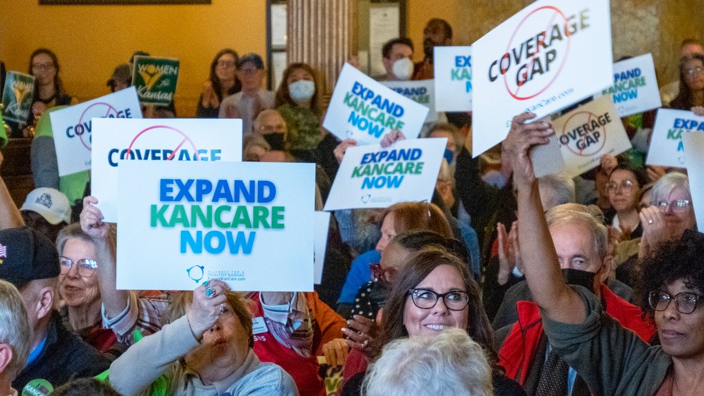 Kansans demonstrate in support of Medicaid expansion during a March 15, 2023, rally at the Statehouse in Topeka.