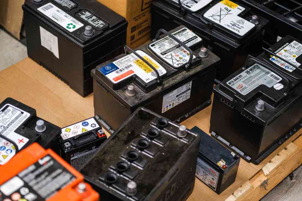Most used lead-acid batteries are recycled, including these, gathered at an auto parts shop in Los Angeles County.